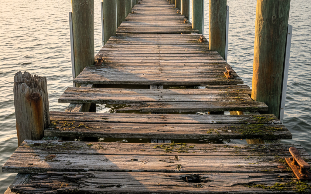 Rotting wooden dock in Tampa Bay at sunset
