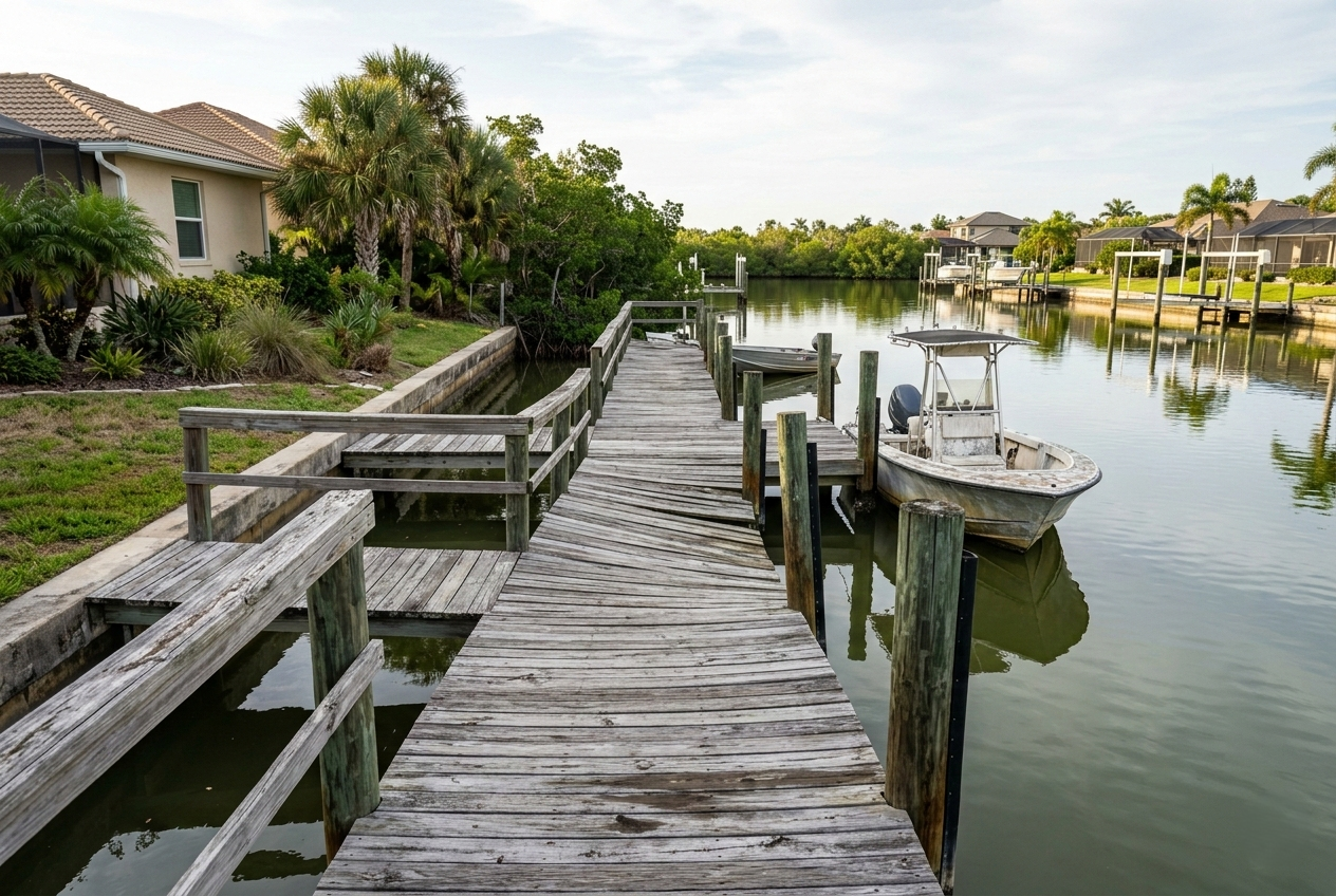Uneven wooden dock in Tampa showing signs of sagging and decay.