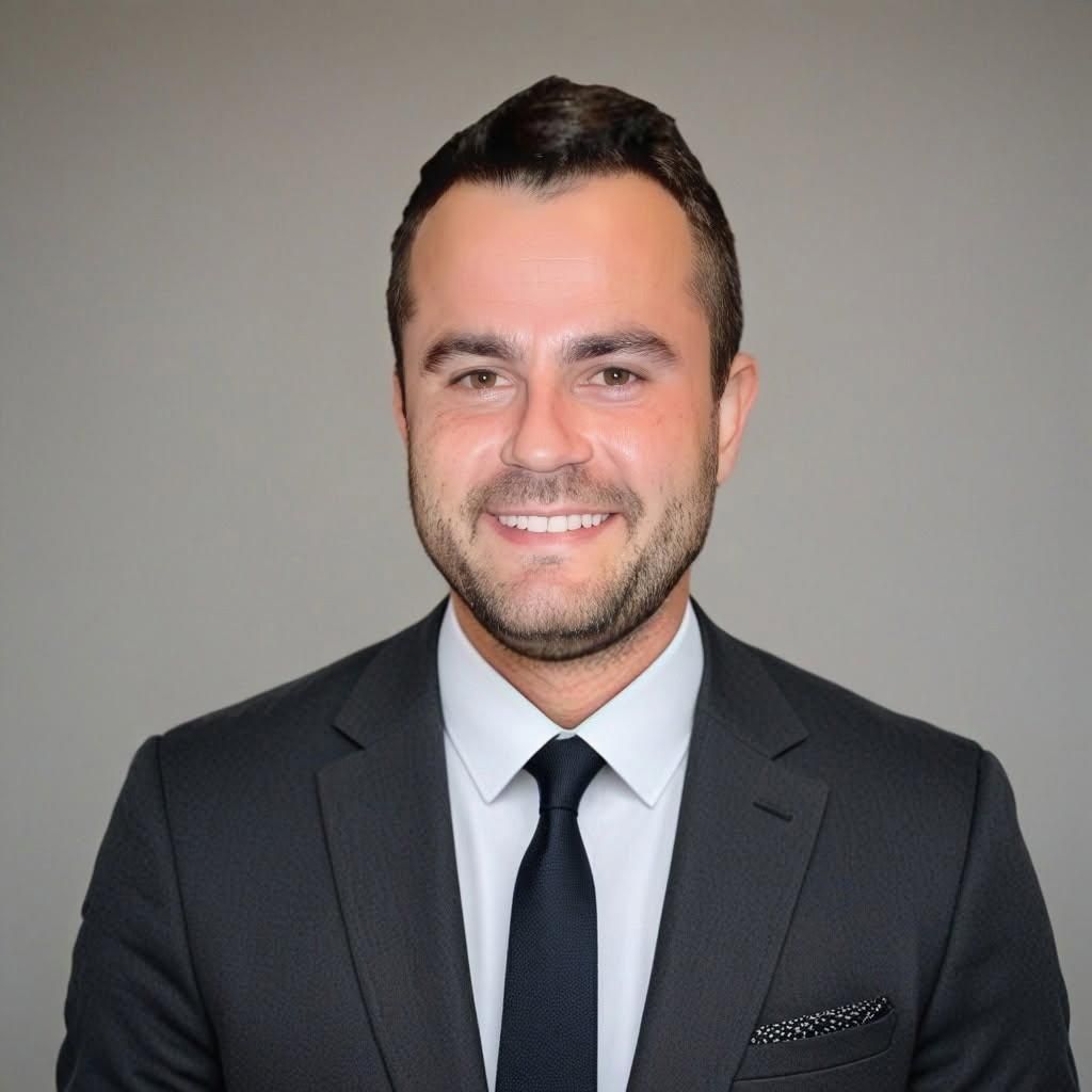 A person in a charcoal suit and white shirt with a dark tie, smiling against a solid gray background.