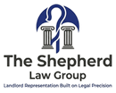 Logo for The Shepherd Law Group featuring a blue shepherd’s crook intertwined with two pillars, with the firm's name.