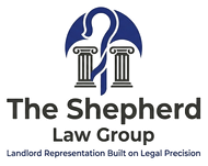Logo for The Shepherd Law Group featuring a blue shepherd’s crook intertwined with two pillars, with the firm's name.