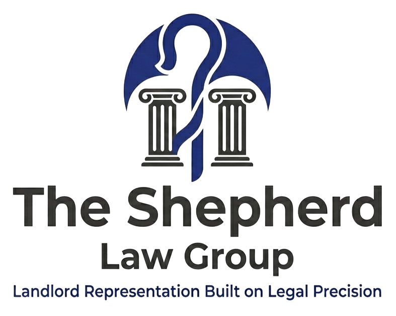 Logo for The Shepherd Law Group featuring a blue shepherd&rsquo;s crook intertwined with two pillars, with the firm's name.
