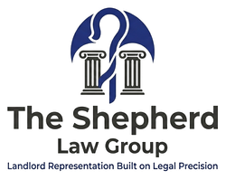 Logo for The Shepherd Law Group featuring a blue shepherd’s crook intertwined with two pillars, with the firm's name.