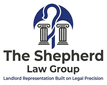 Logo for The Shepherd Law Group featuring a blue shepherd’s crook intertwined with two pillars, with the firm's name.