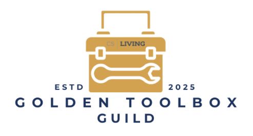 Golden Toolbox Guild logo with gold toolbox and wrenches, ESTD 2025, on white background