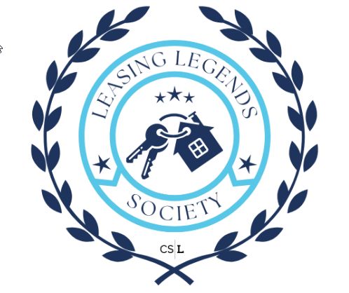 Leasing Legends Society logo with blue laurel wreath, house keys, and a house icon