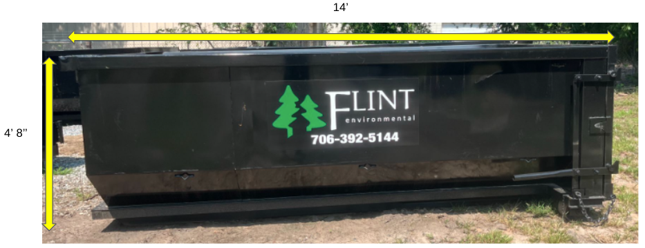 Black dumpster with Flint logo, dimensions 16ft x 4ft.