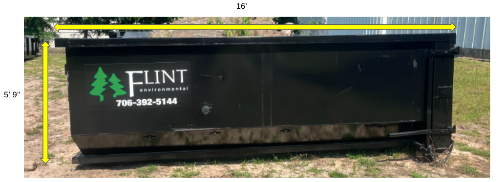 Black dumpster with yellow lines indicating height and length; outdoor setting.