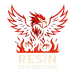 Fiery phoenix with outstretched wings, flames, and text "Resin Resurrection."