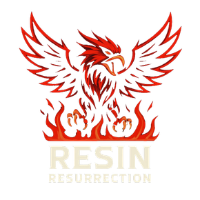 Fiery phoenix with outstretched wings, flames, and text "Resin Resurrection."