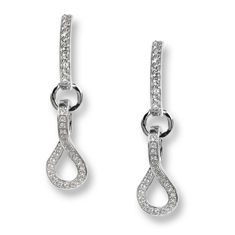 Pair of silver rhinestone drop earrings with teardrop-shaped pendants