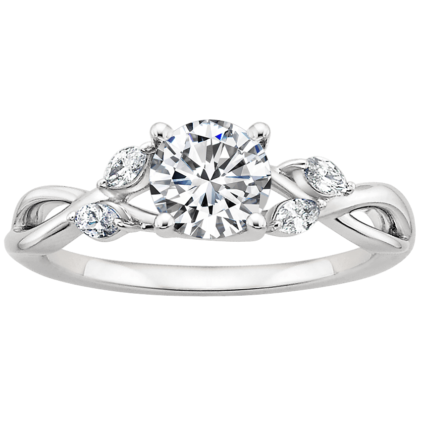 Silver engagement ring with round center diamond and marquise accents