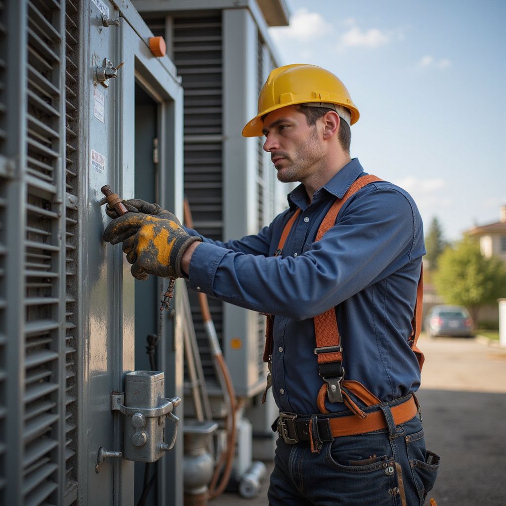 Man in hard hat and work clothes uses tools on a utility box outdoors.