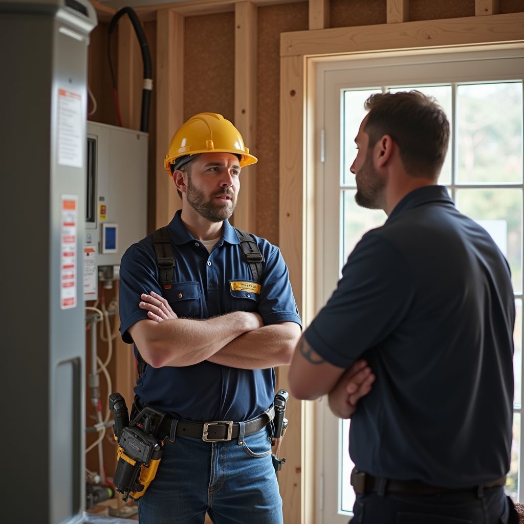 Two men in work attire discuss inside a building under construction, one wearing a yellow hardhat.