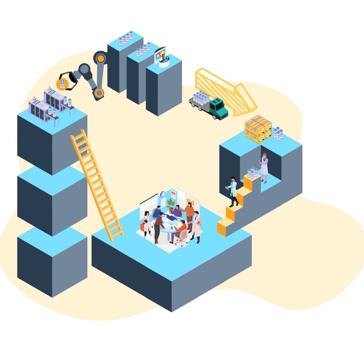 An isometric illustration of a group of people sitting around a table.