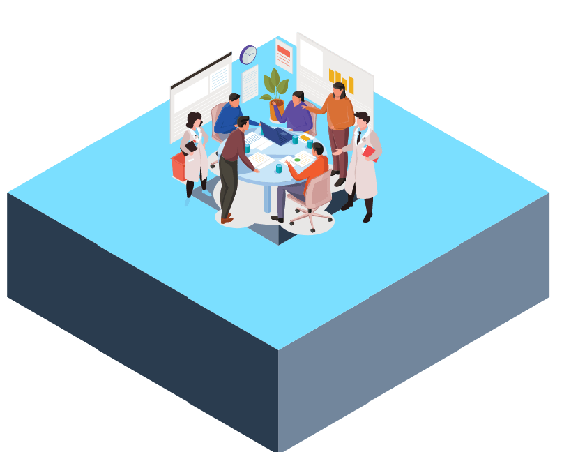 A group of people are sitting around a table having a meeting.