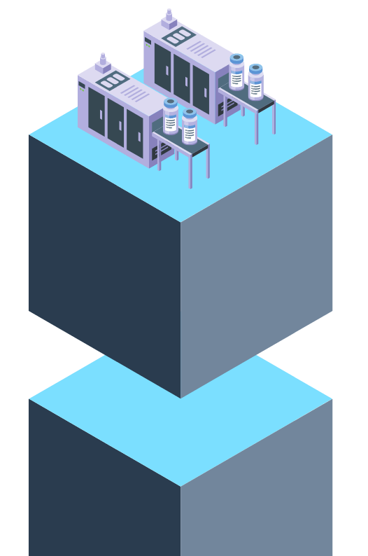 An isometric illustration of a factory with containers on a conveyor belt.