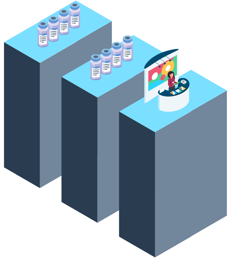 An isometric illustration of a woman sitting at a desk in front of a computer.