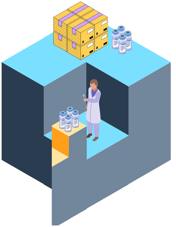 A man in a lab coat is standing in a room with boxes on the ceiling.