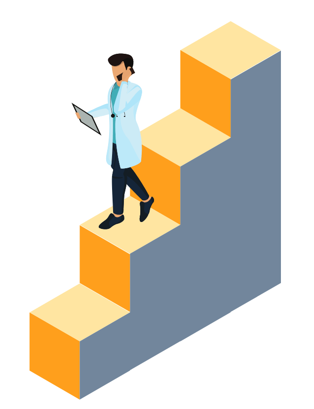 A doctor is walking up a set of stairs while holding a tablet.