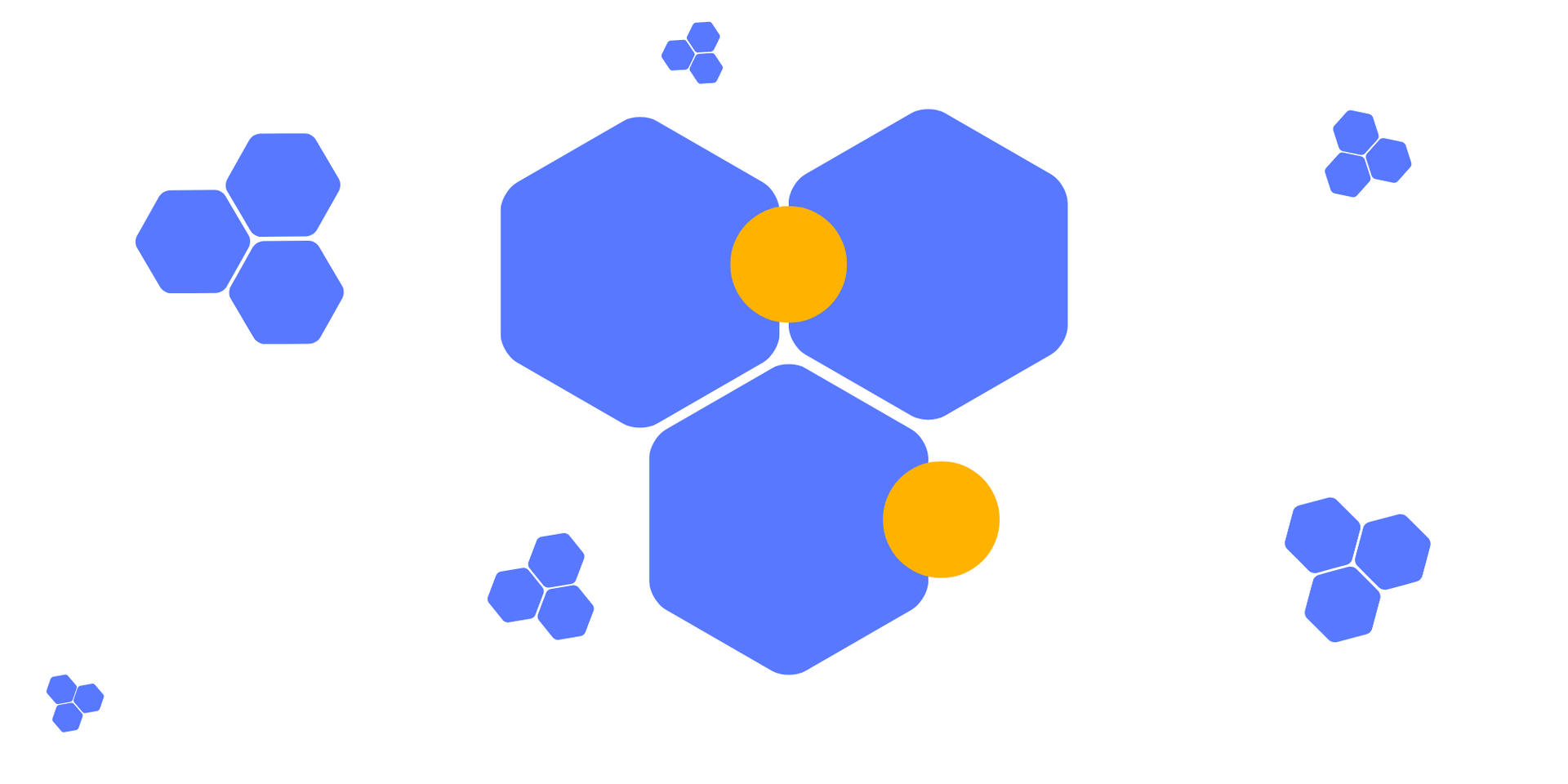 A group of blue hexagons with a yellow center on a white background.