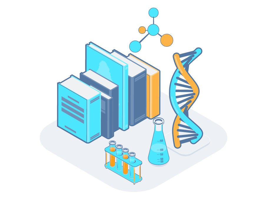 An isometric illustration of a stack of books , test tubes , dna and molecules.