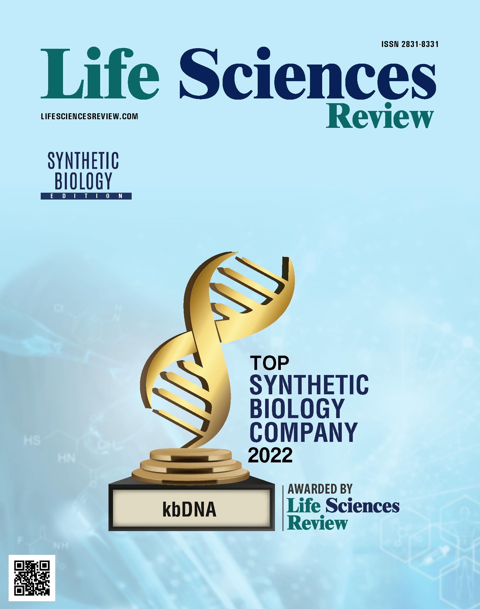 The cover of the life sciences review magazine with a trophy on it.