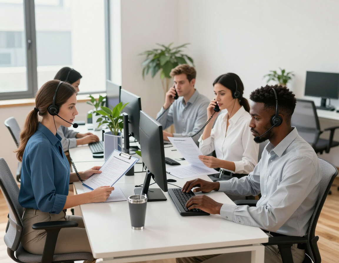 Equipo de oficina trabajando juntos en escritorios con computadoras de escritorio