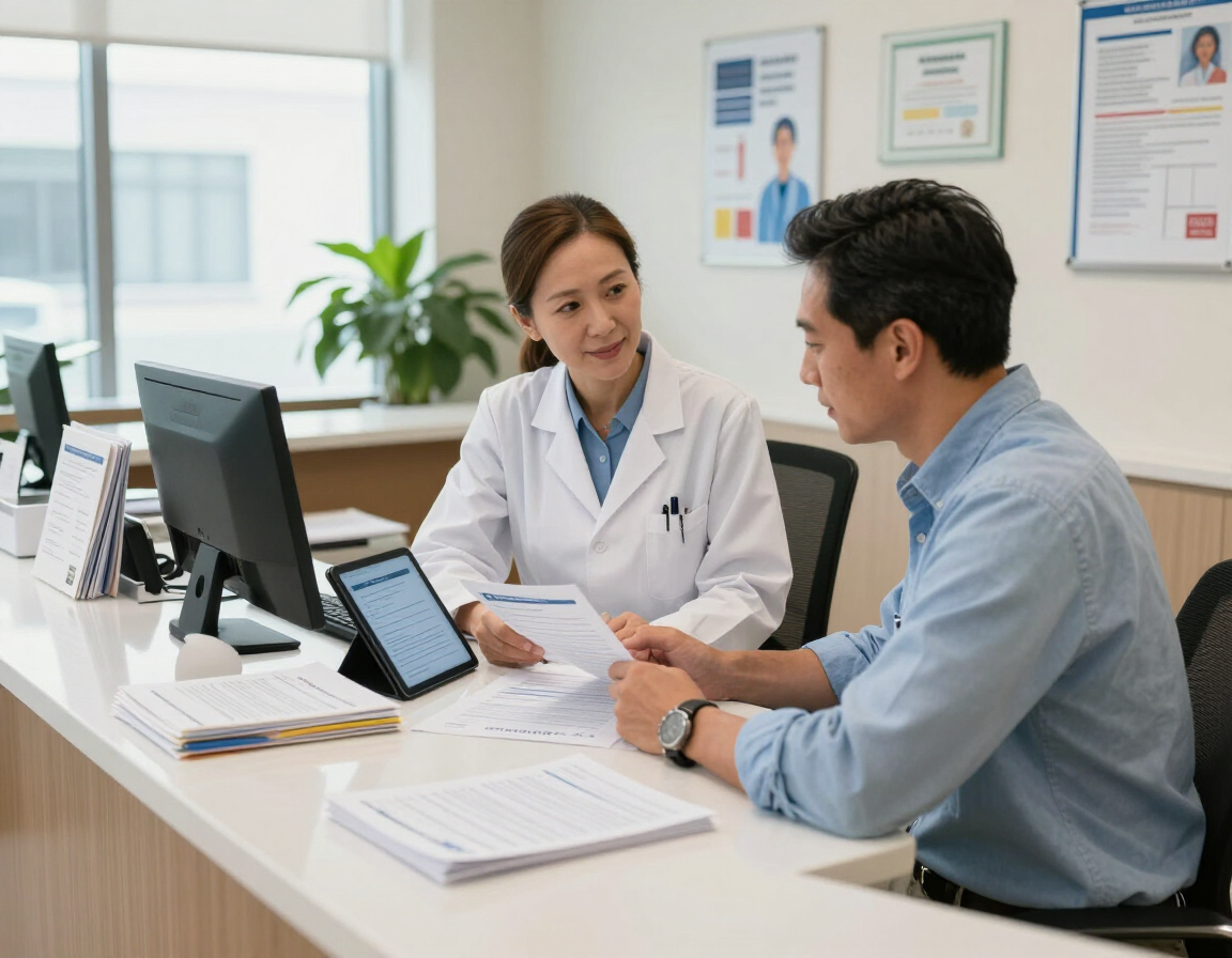 Un médico atiende a un paciente en el mostrador de una clínica, con una tableta y documentos delante.