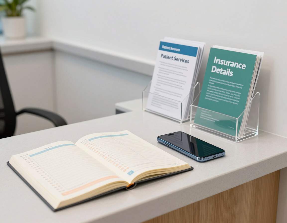 Libreta abierta y teléfono inteligente sobre un escritorio junto a folletos informativos sobre seguros.