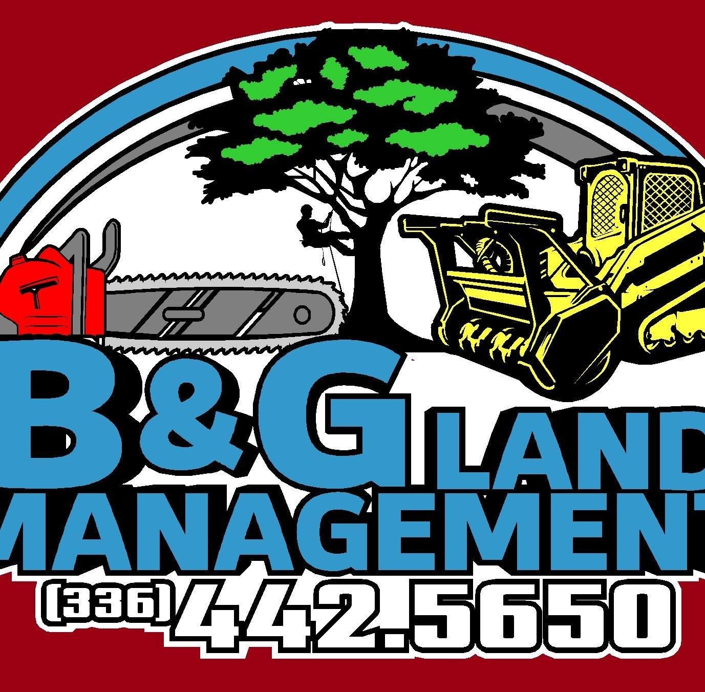 B&G Land Management logo with red excavator, yellow bulldozer, tree, and phone number 336-442-5650