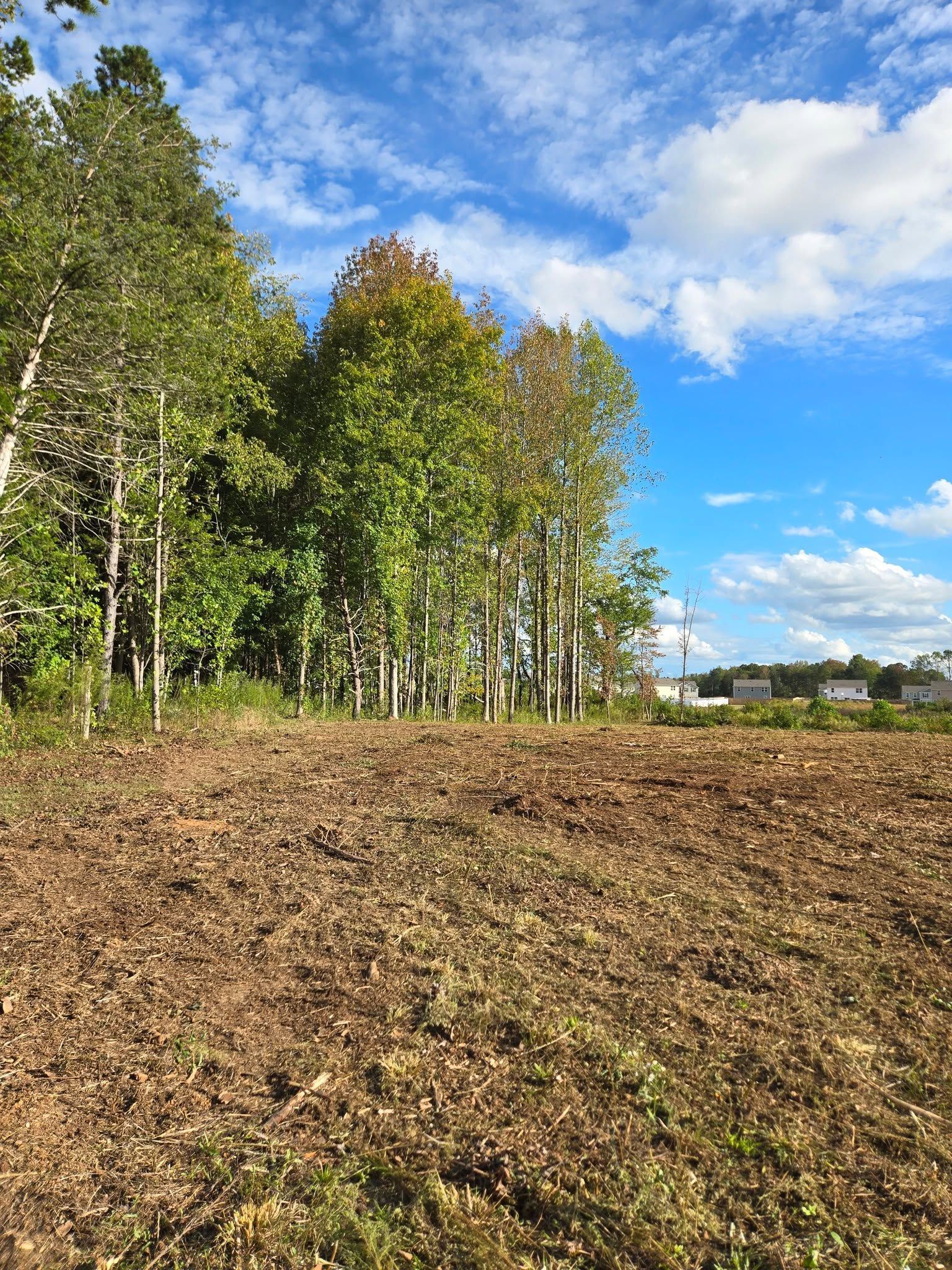 Plowed brown field beside green trees under a blue sky with white clouds