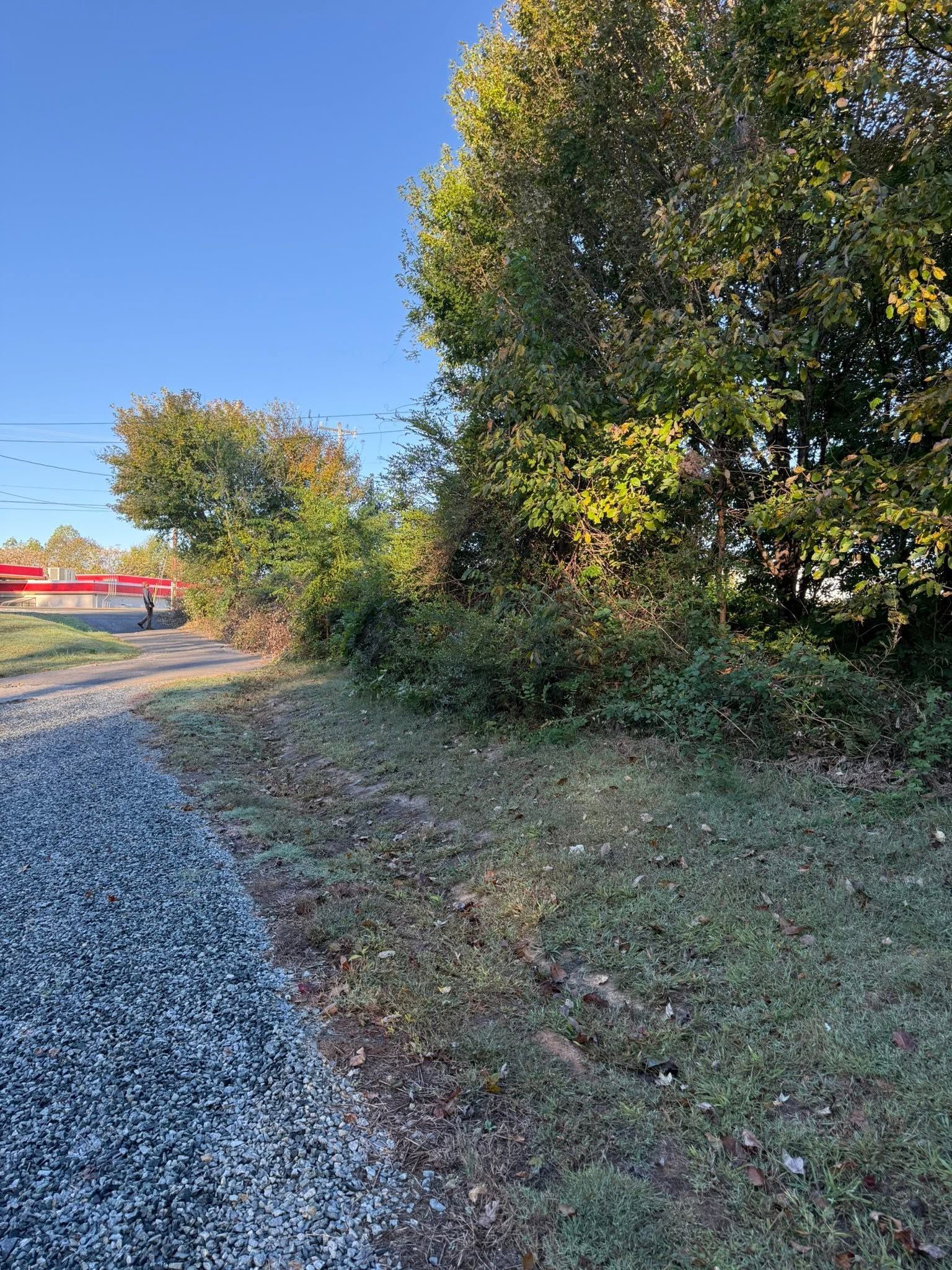 Gravel path beside trees and bushes under a clear blue sky, with a red structure in the distance