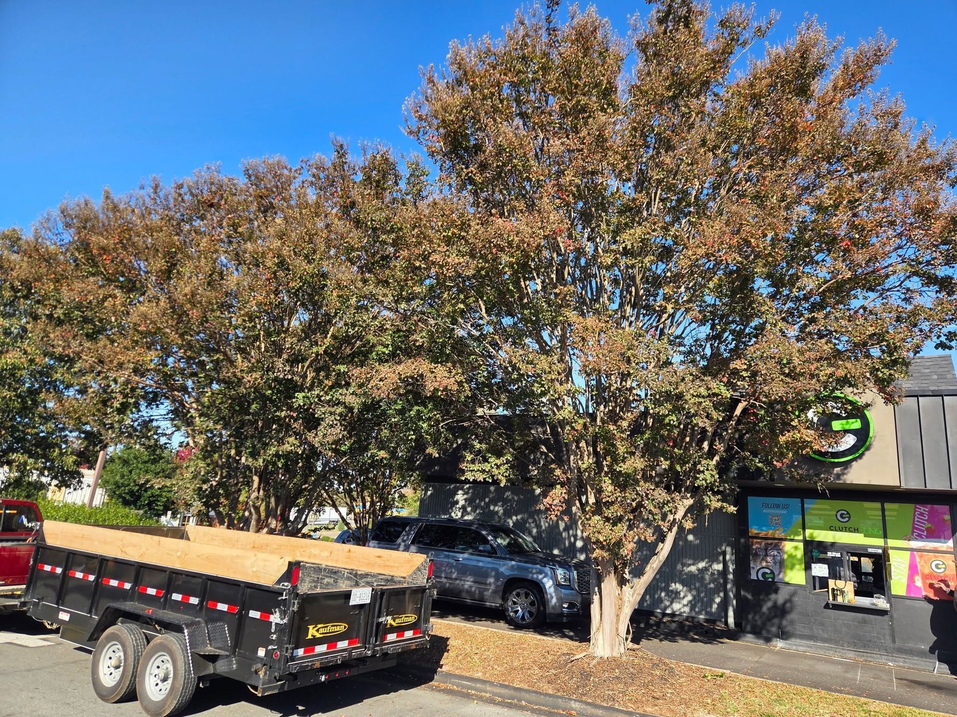 Parked black car beside a tree and storefront, with a flatbed trailer in front under a clear blue sky