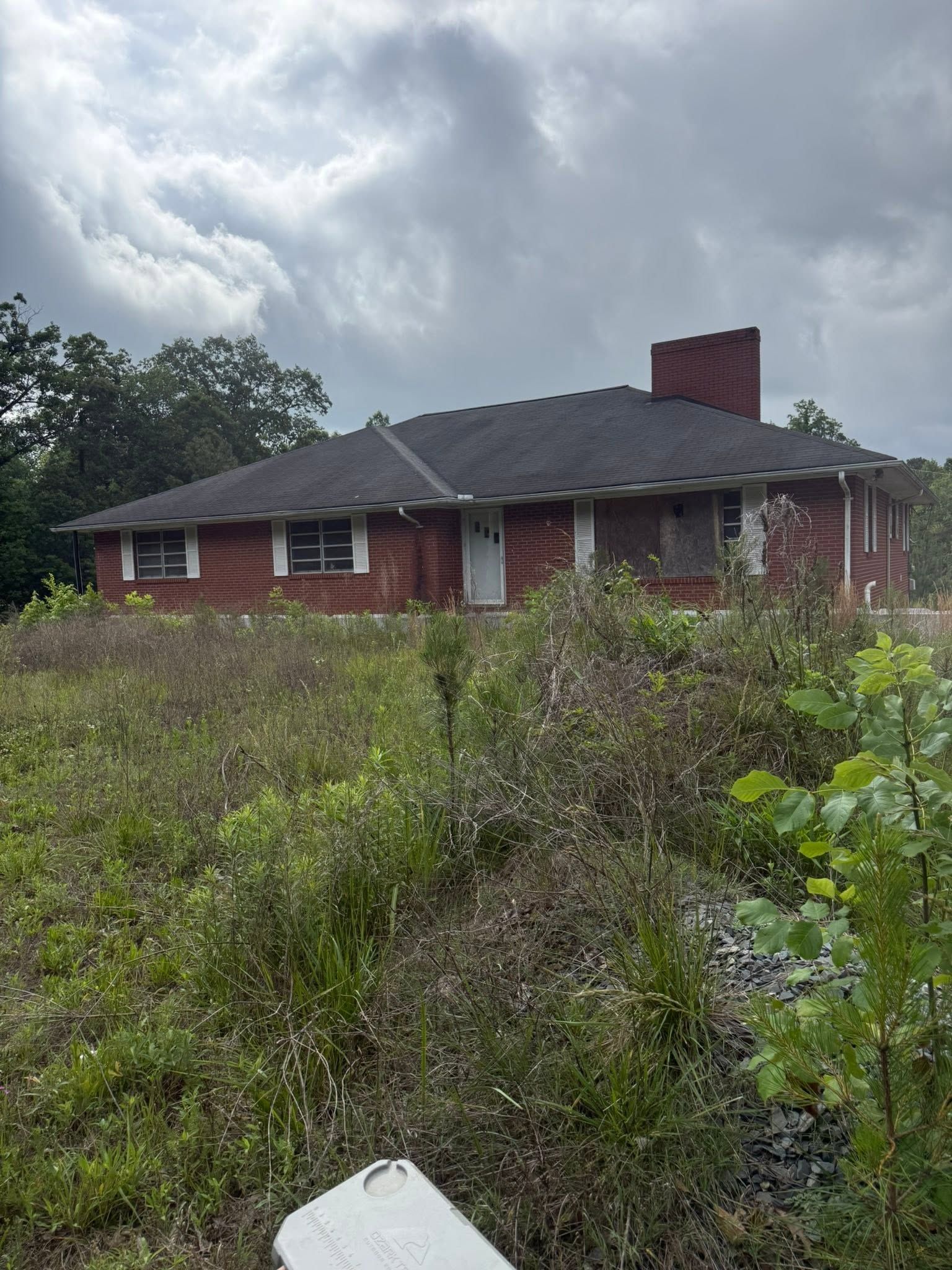 Abandoned brick house with a dark roof, partly hidden by overgrown weeds under a cloudy sky