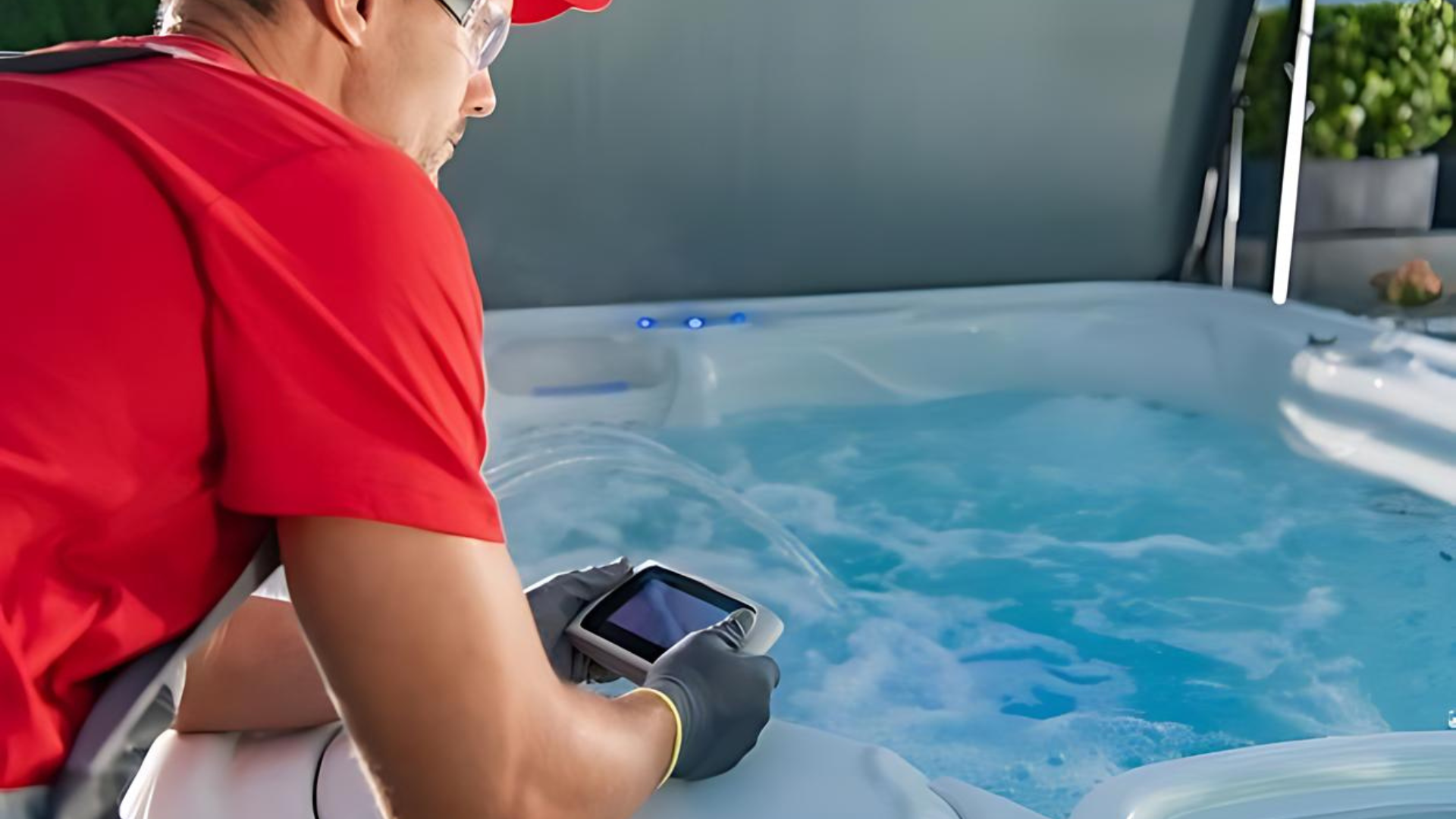 A man is looking at a tablet while standing next to a hot tub.