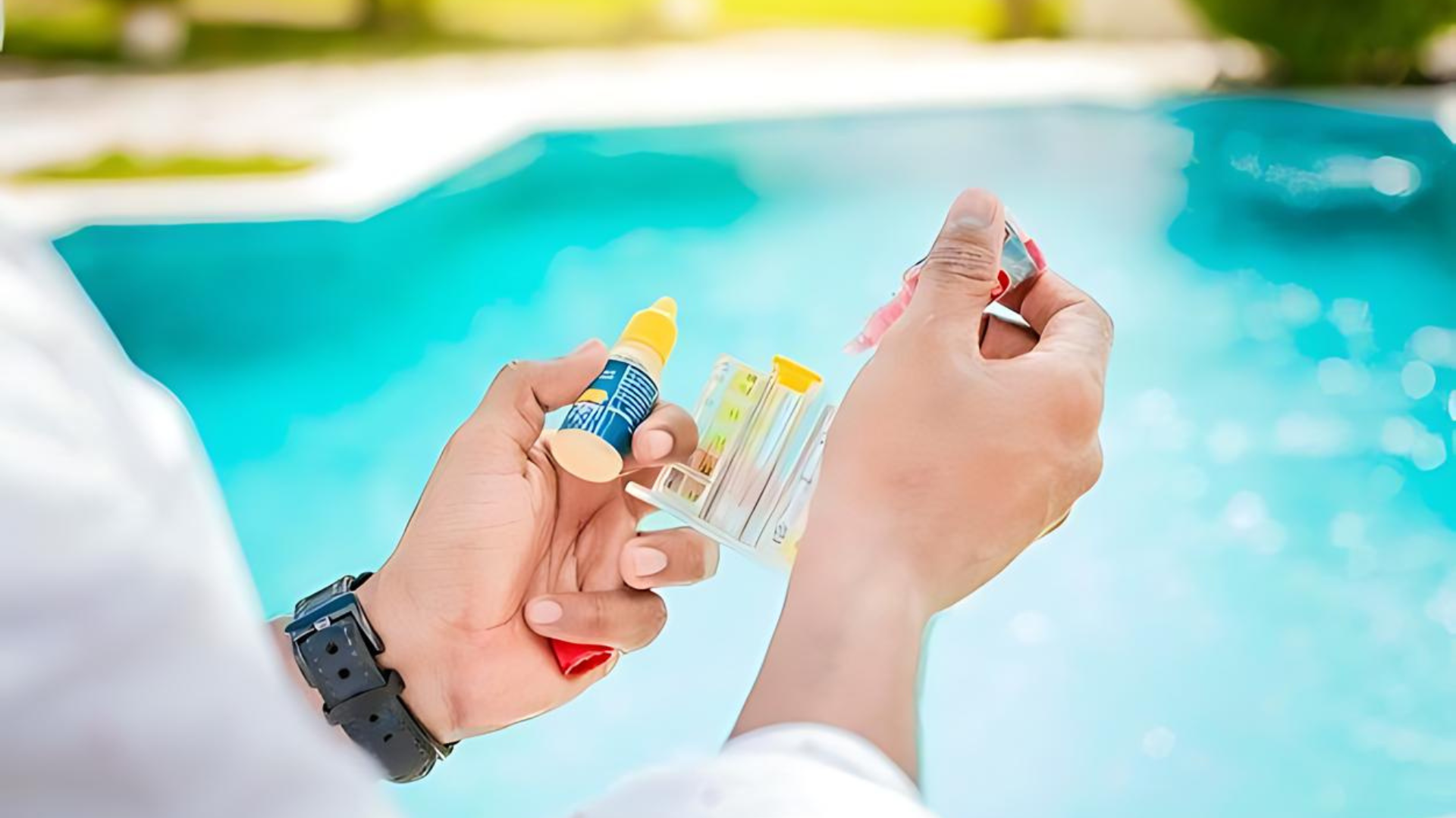 A person is holding a test tube in front of a swimming pool.