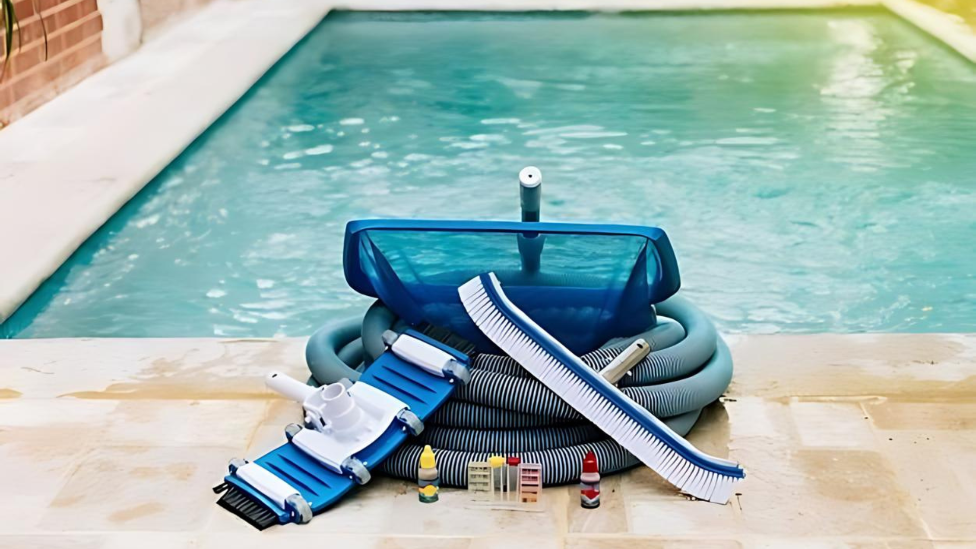 A swimming pool with a vacuum cleaner , hose , and brushes on the side.