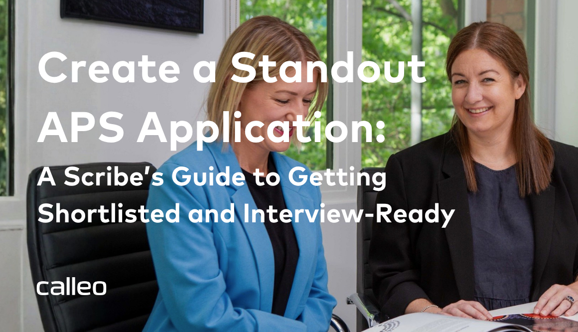 Two women in blue and black blazers at a desk with text: “Create a Standout APS Application”