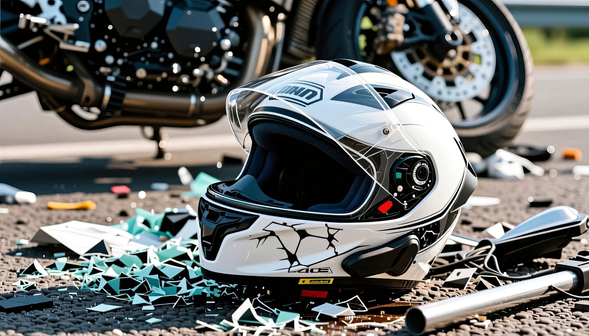 Motorcycle helmet on asphalt next to damaged motorcycle and debris.