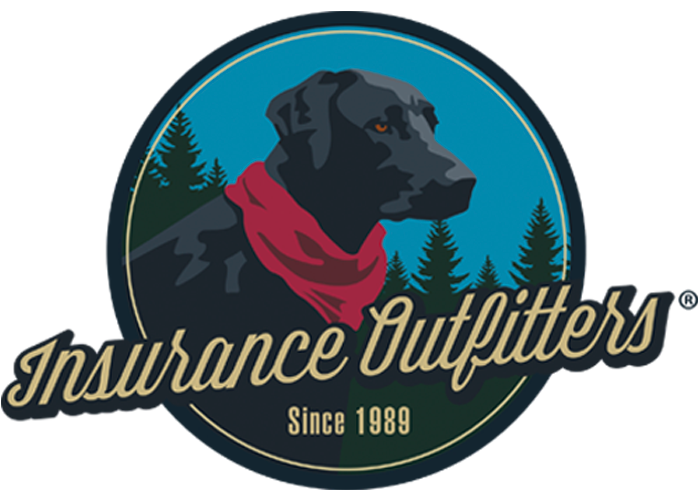 The logo for insurance outfitters shows a black dog wearing a red scarf