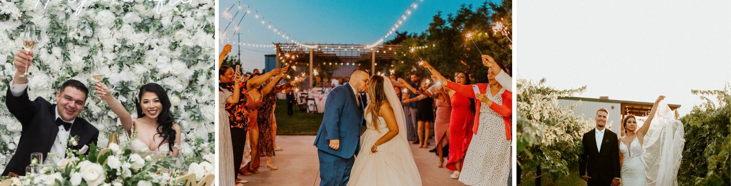 Wedding celebration collage with a couple posing amid flowers, dancing under lights, and walking together outdoors