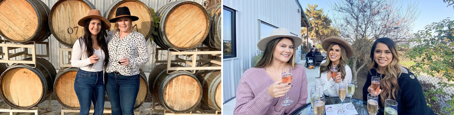 Picture collage: Two women posing with drinks in front of stacked wine barrels outdoors; Three women sitting at a wine tasting table