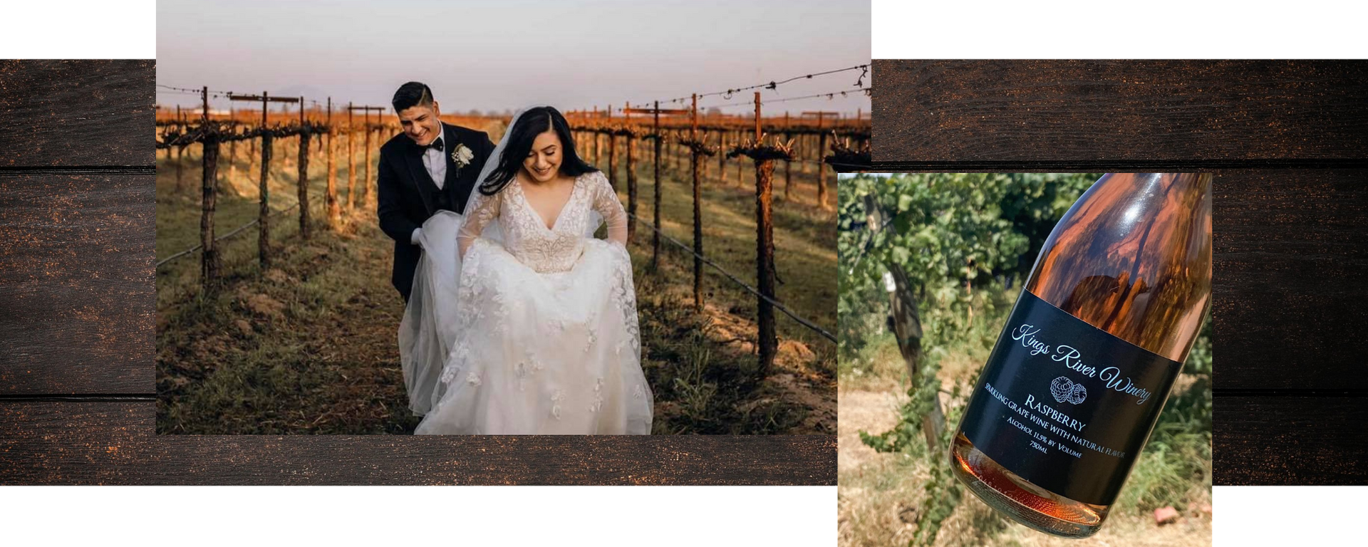 Two picture collage: Wedding couple posing in a vineyard at sunset, with a wine bottle close-up on the right.