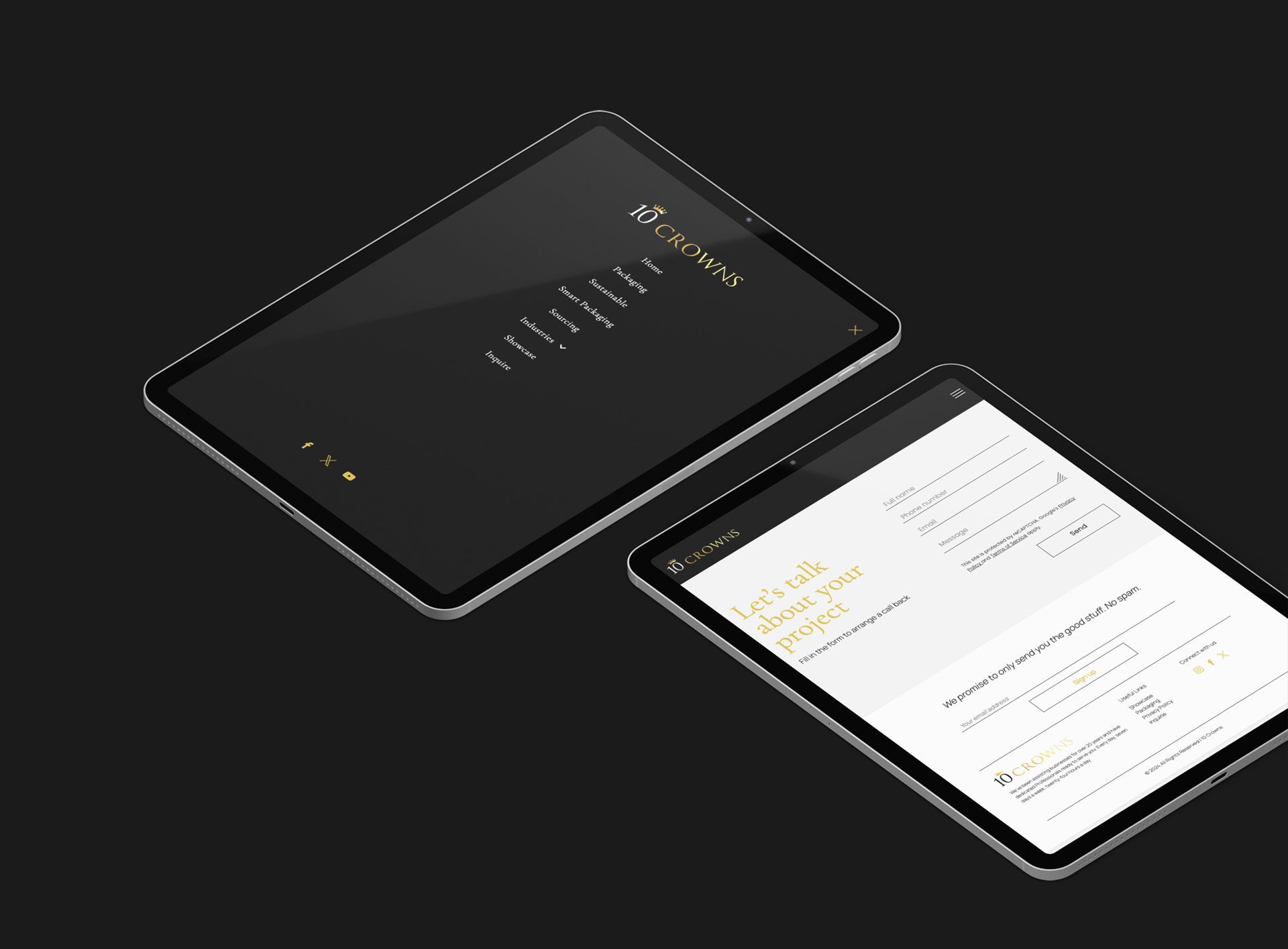 two black tablets are stacked on top of each other displaying the 10 Crowns website