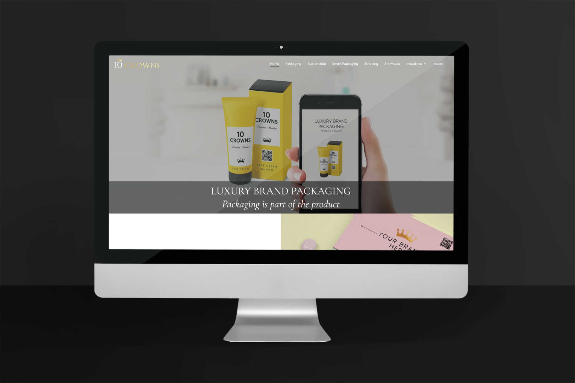 two computer monitors are displaying different sections of the 10 Crowns website