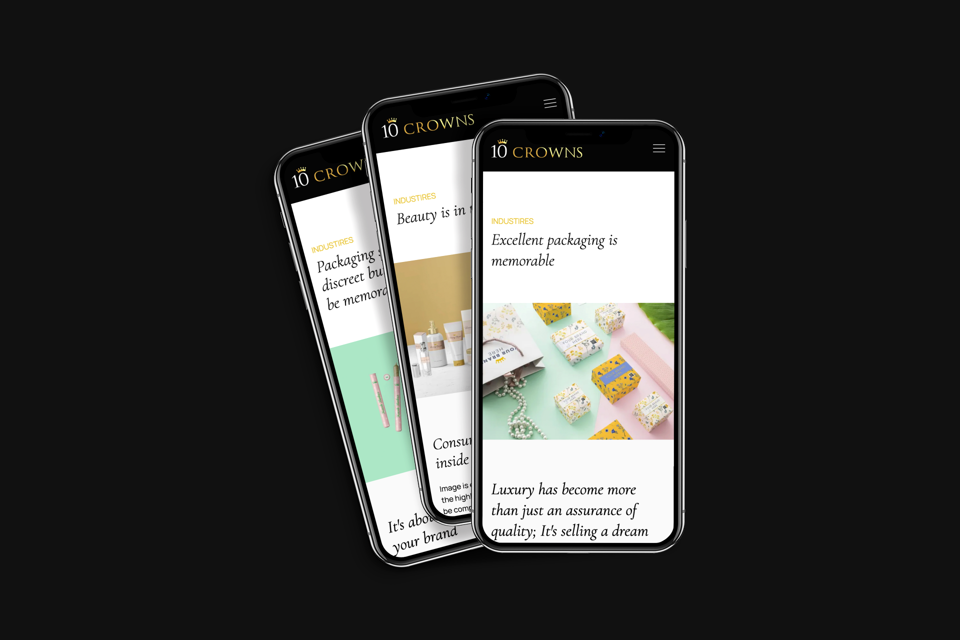 three cell phones are displaying different industry pages from the 10 Crowns website