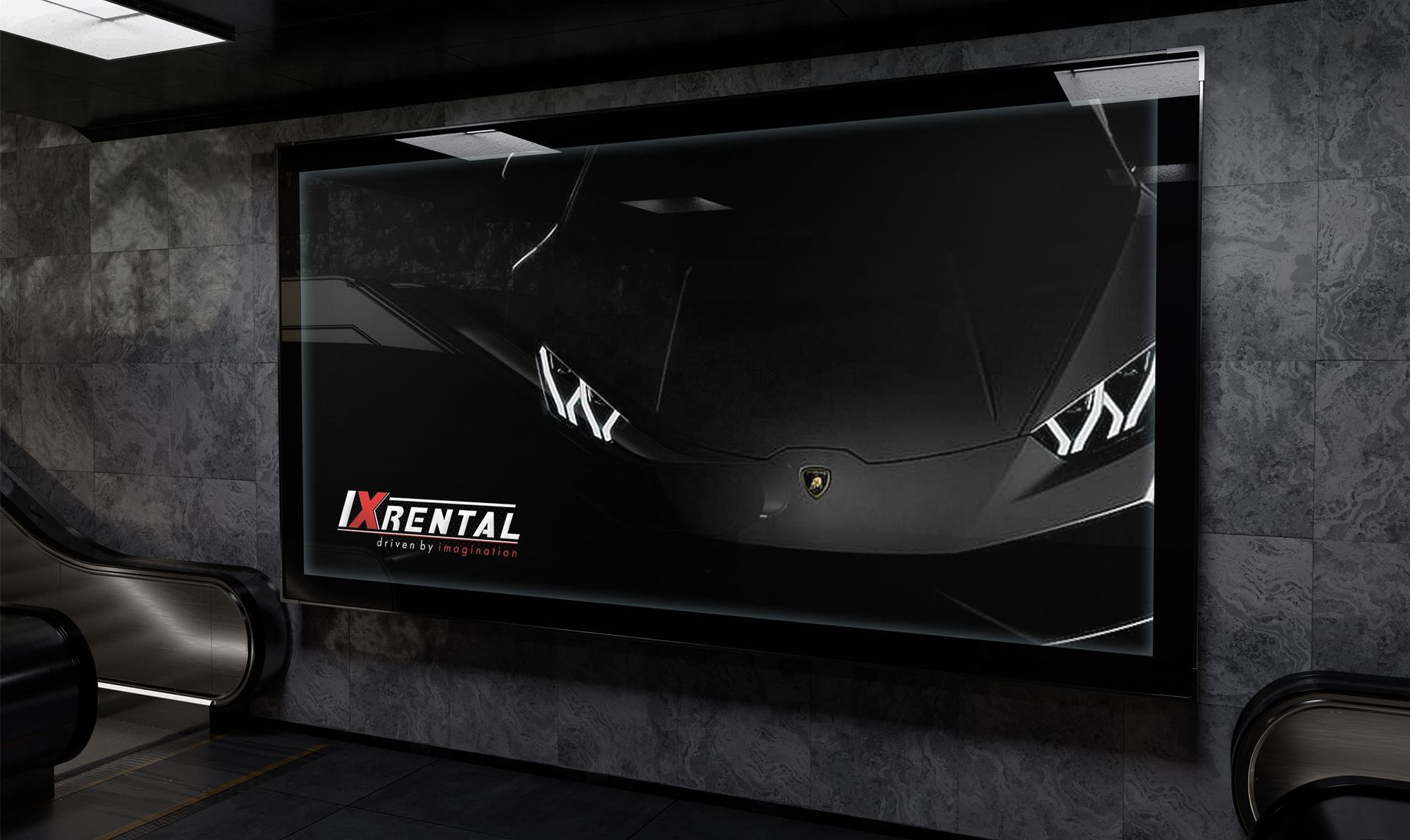 A billboard with a IX Rental poster displayed