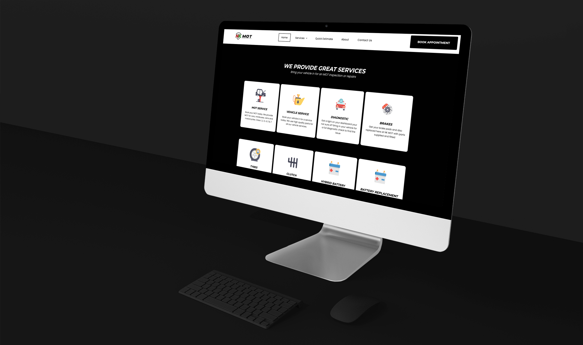 A computer monitor displaying the services on the NK Mot website