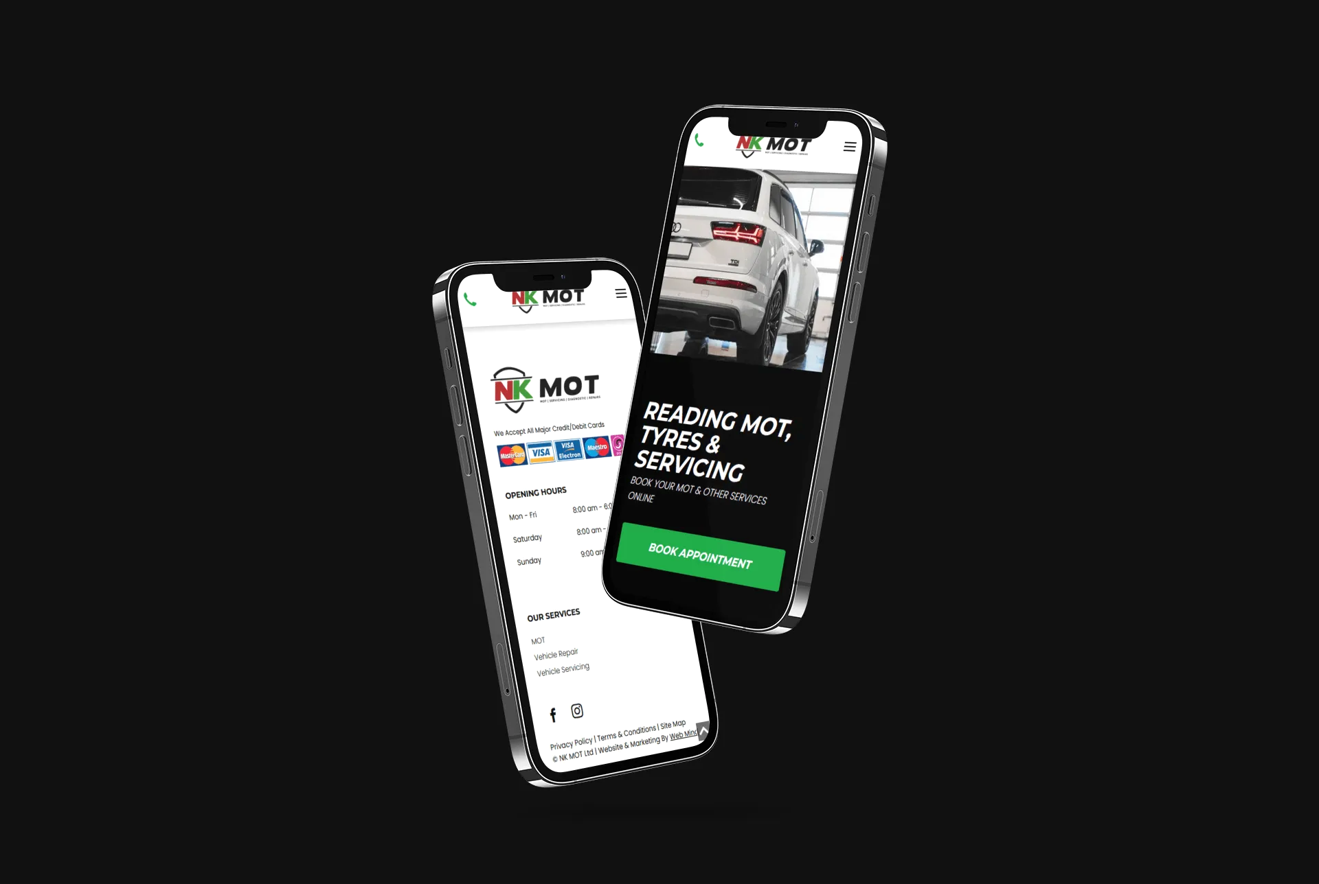 Two phones are displaying the NK Mot website